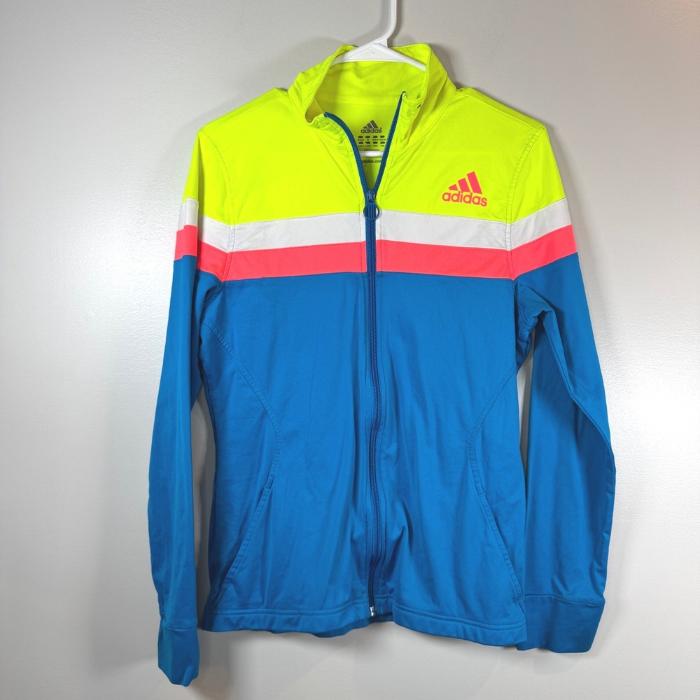 Adidas Track Jacket Women M Neon Yellow Blue Pink Colorblock Full Zip Retro 80s